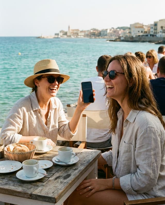 Two friends at a seaside café, one taking a photo with her phone