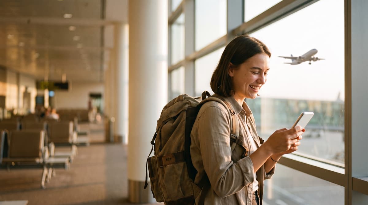 A traveller at an airport window, smiling at her phone