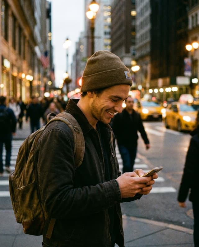 A traveller checking a map on his phone on a city street at dusk